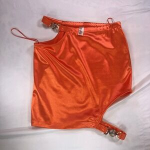 Kimcine Curve Orange Satin Asymmetrical Cutout Mini Skirt Rhinestone Buckle Gold